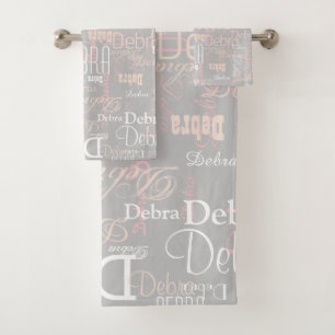 Stylishly Overlapped Name all-over-print Grayish Bath Towel Set