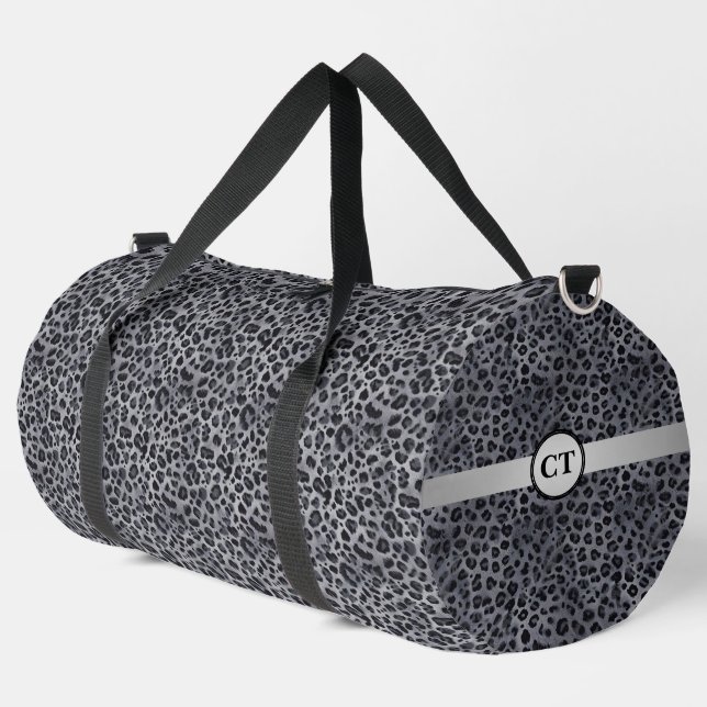Stylishly Wild Personalised Grey & Black Leopard  Duffle Bag (Left Corner)