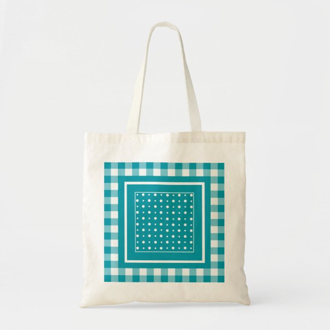 StylishTote Bag, Teal Polka Dots and Check Gingham Tote Bag (Front)