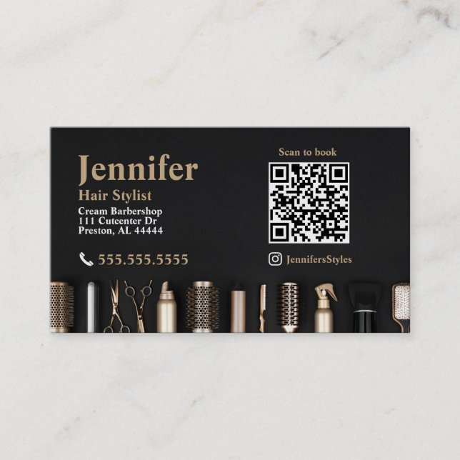 Stylist Black Gold Business Card with QR Code (Front)