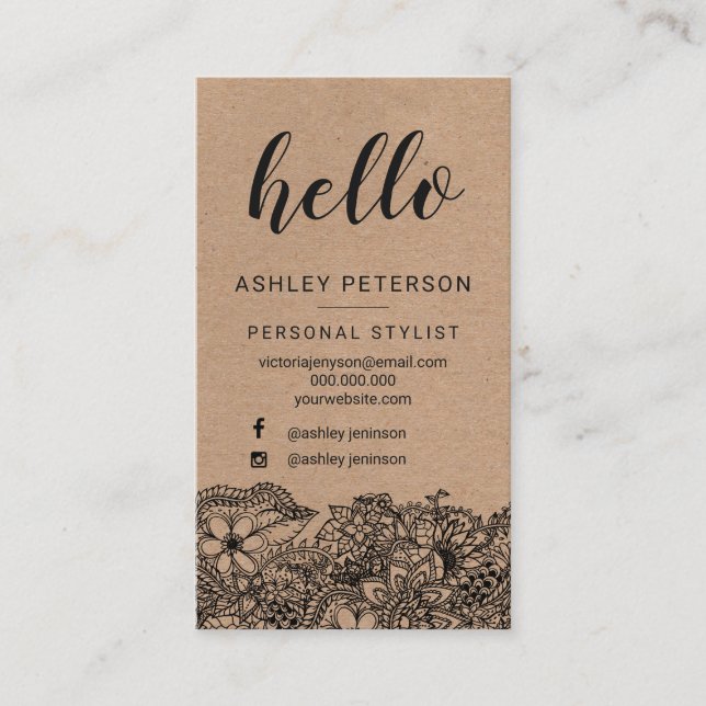 Stylist black hello floral kraft typography business card (Front)