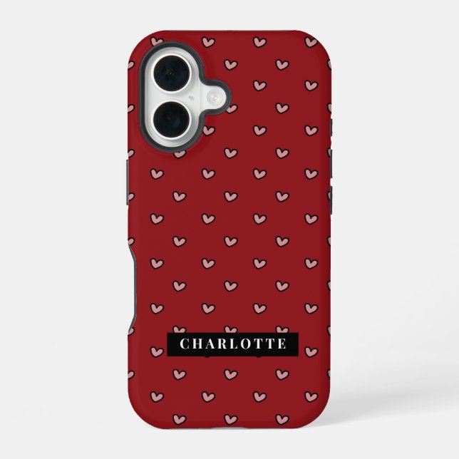 Stylist Cute Sweet Red Heart Pattern Monogram iPhone 16 Case (Back)