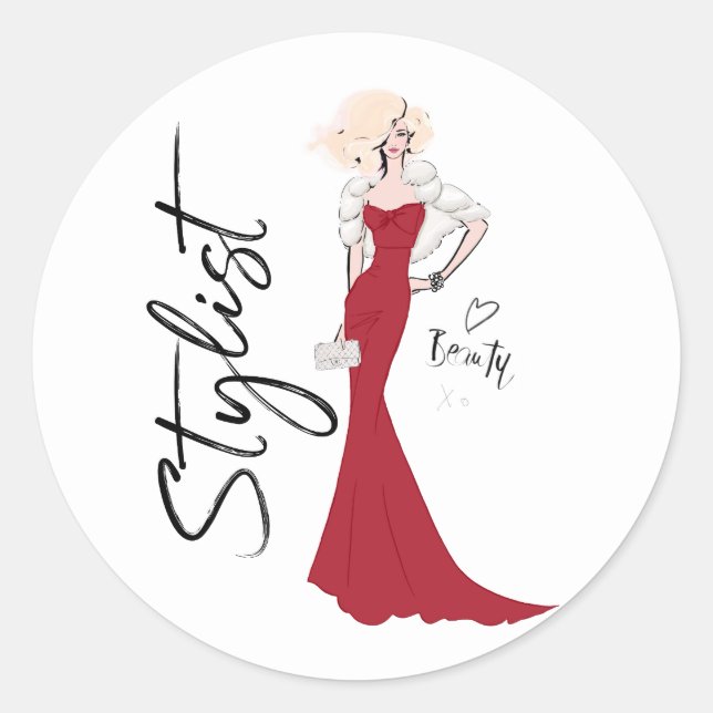 Stylist girl in red evening dress classic round sticker (Front)