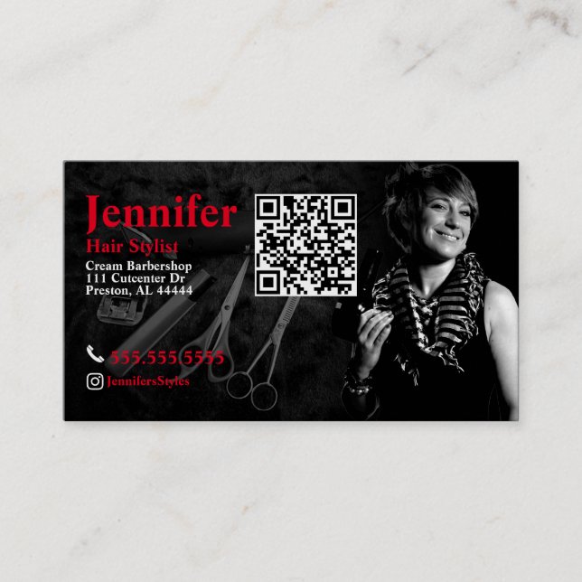 Stylist Photo Business Card with QR Code (Front)