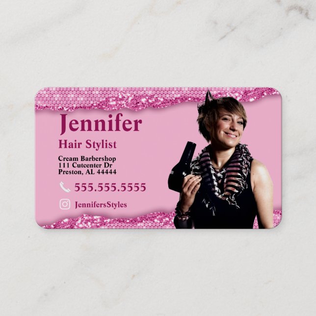 Stylist Pink Photo Business Card with QR Code (Front)