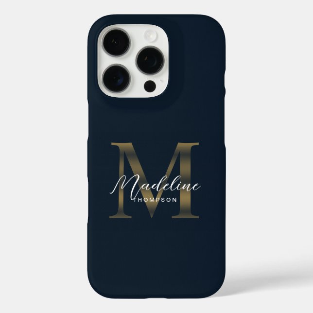 Stylist Script Metallic Navy Blue Gold Monogram Case-Mate iPhone Case (Back)