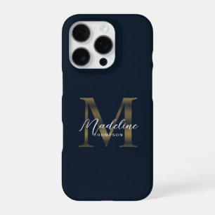 Stylist Script Metallic Navy Blue Gold Monogram iPhone 16 Pro Case