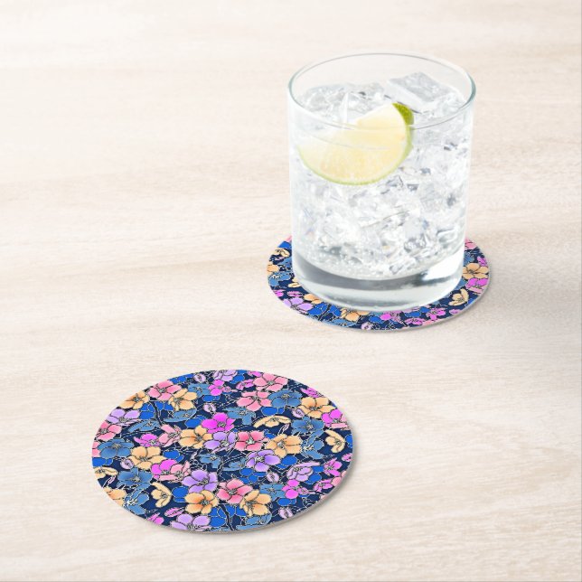 Stylistic Floral Pattern 46 Round Paper Coaster (Insitu)