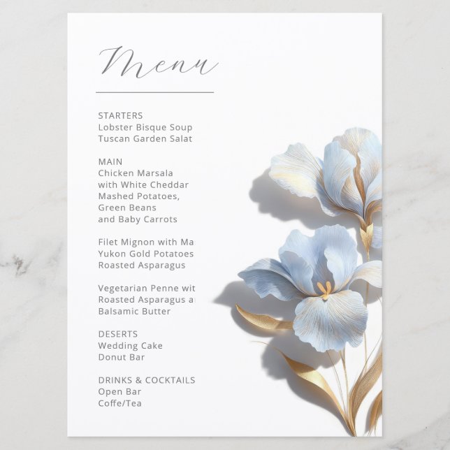 Stylized 3D Lily Flowers Blue Gold Menu (Front)