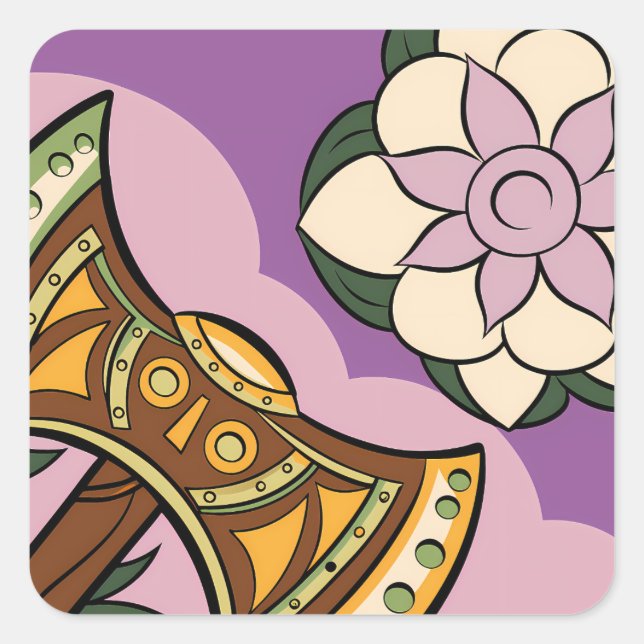 Stylized Axe and Flower Design Square Sticker (Front)