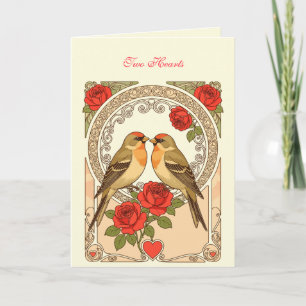 Stylized Birds and Red Roses Art Nouveau Card
