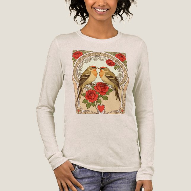 Stylized Birds and Red Roses Art Nouveau Tri-Blend Shirt (Front)