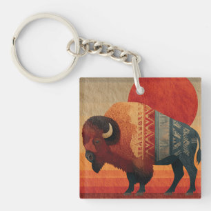 Stylized Bison with Native American Patterns Key Ring