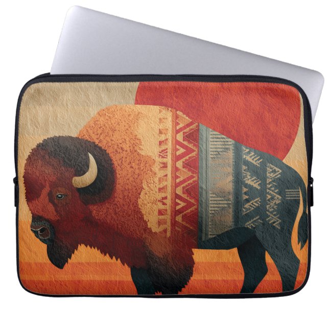 Stylized Bison with Native American Patterns  Laptop Sleeve (Front)