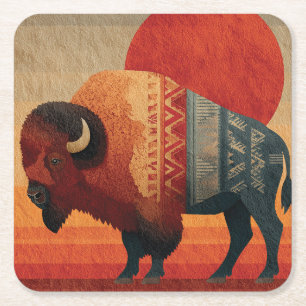 Stylized Bison with Native American Patterns Square Paper Coaster