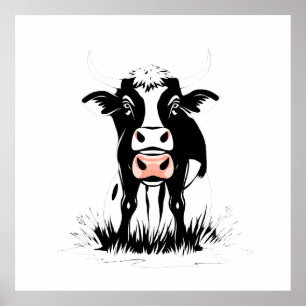 Stylized Black and White Cow Illustration Poster
