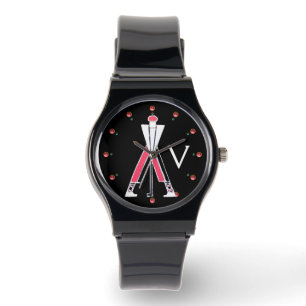 STYLIZED BLACK RED GOLFER,GOLF PLAYER MONOGRAM WATCH