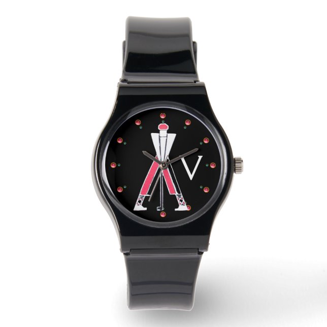 STYLIZED BLACK RED GOLFER,GOLF PLAYER MONOGRAM WATCH (Front)