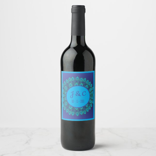 STYLIZED BLUE AQUA GREEN PEACOCK FEATHER CUSTOM WINE LABEL (Front)