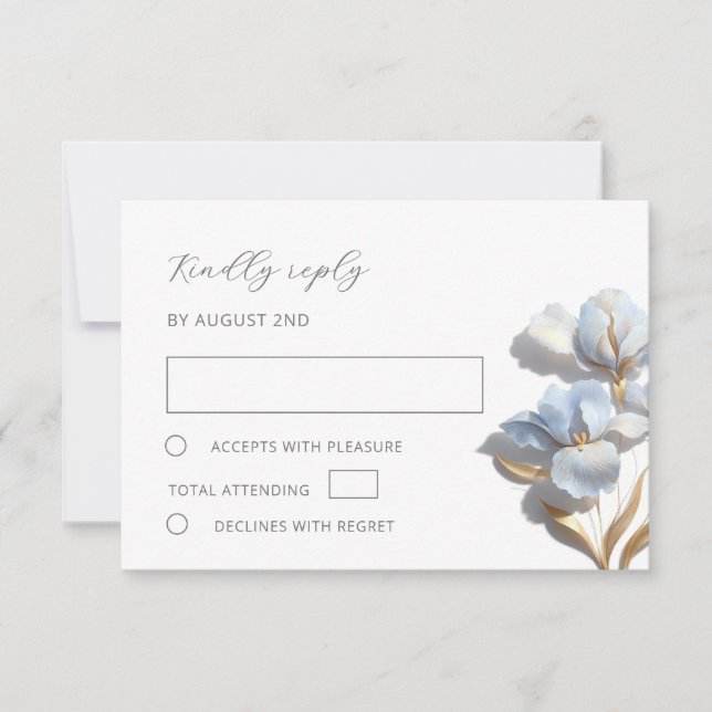 Stylized Blue Gold Lily Bas Relief Flower RSVP Card (Front)