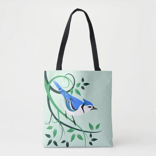 Stylized Blue Jay Bird Tote Bag (Front)