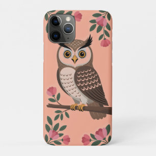 Stylized Brown Owl on Branch with Pink Flowers Case-Mate iPhone Case