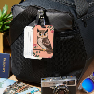 Stylized Brown Owl on Branch with Pink Flowers Luggage Tag