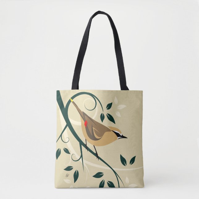 Stylized Cedar Waxwing Design Tote Bag (Front)