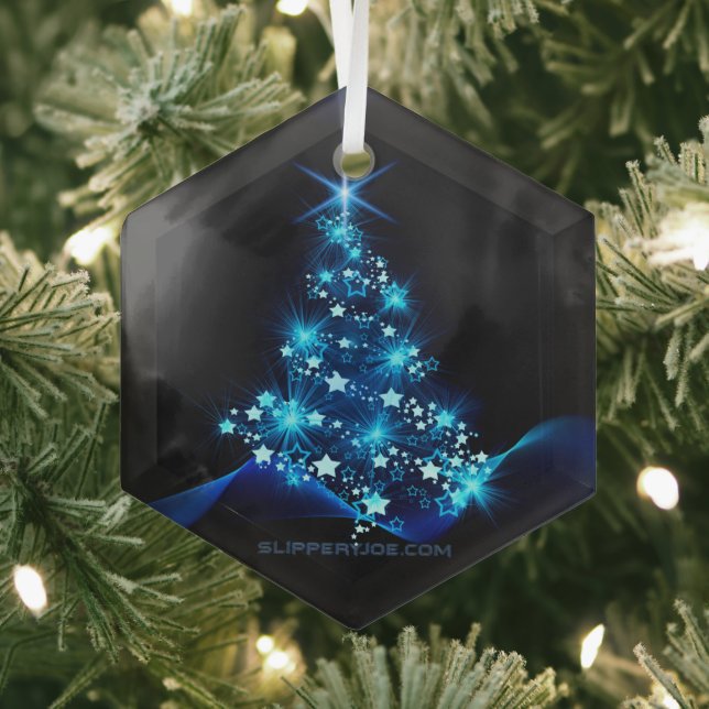 stylized Christmas tree SlipperyJoe glowing blue s Glass Tree Decoration (Insitu)