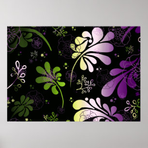 Stylized colorful leaves and flowers on black poster