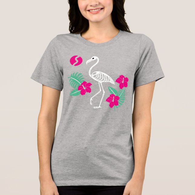 Stylized Flamingo Skeleton with Tropical Flowers Tri-Blend Shirt (Front)