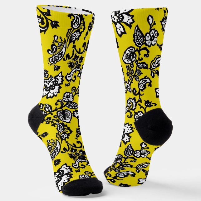 Stylized Floral with Bright Yellow Background Socks (Angled)