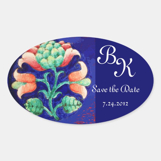 STYLIZED FLOWER,PINK GREEN BLUE FLORAL MONOGRAM OVAL STICKER (Front)