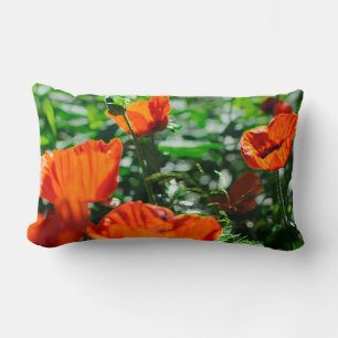 Stylized Garden Red Orange Poppy Flowers Lumbar Cushion
