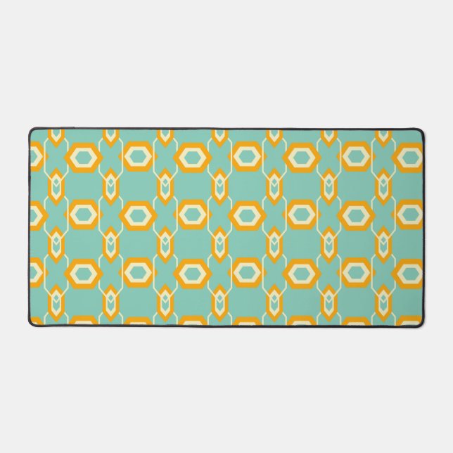 Stylized geometric pattern in bold orange hexagon desk mat (Front)