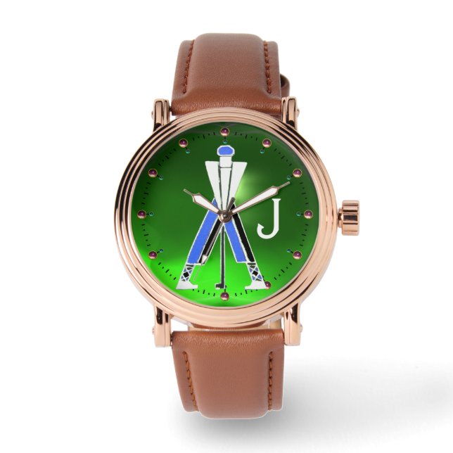 STYLIZED GREEN BLUE GOLFER,GOLF PLAYER MONOGRAM WATCH (Front)