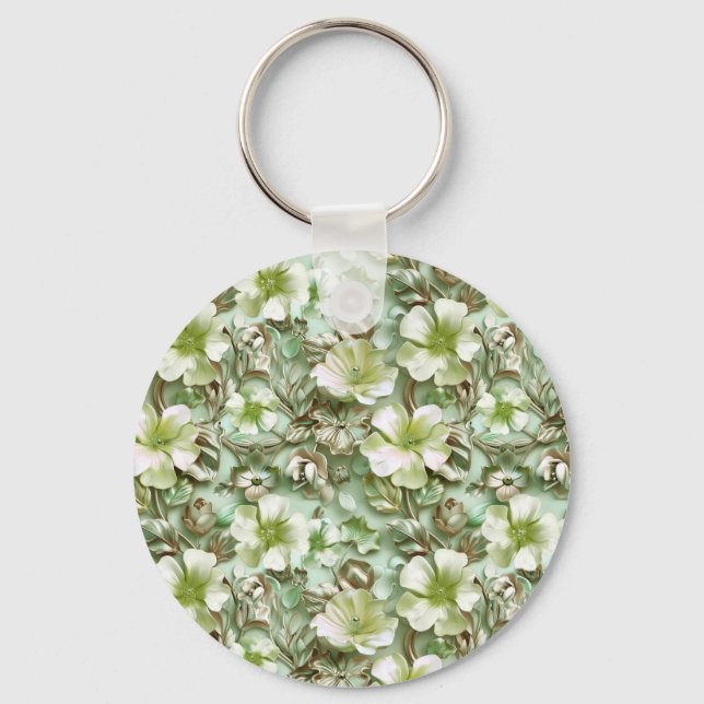 Stylized Green Flowers Key Ring (Front)