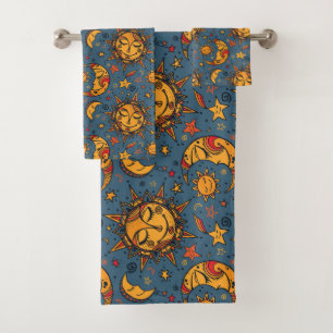 Stylized Hand Drawn Boho Sun Moon Stars Blue Bath Towel Set