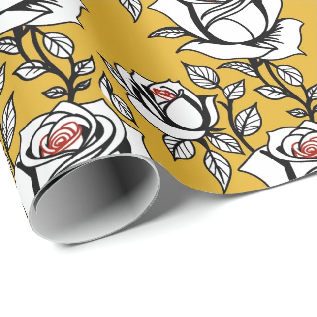 Stylized Hand Drawn Roses In Black And White  Wrapping Paper (Roll Corner)