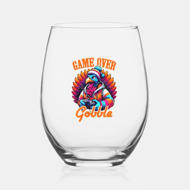 Stylized Hoodie Turkey Gamer with Distressed Orang Stemless Wine Glass (Front)
