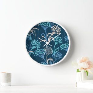 Stylized Hydrangea Floral Pattern - Elegant Blue Clock