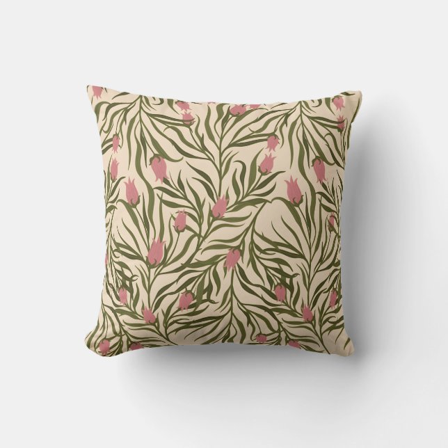 Stylized pink bell-shaped floral pattern cushion (Front)
