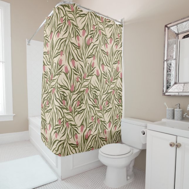 Stylized pink bell-shaped floral pattern shower curtain (In Situ)