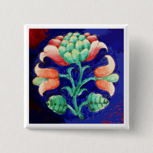 STYLIZED PINK FLOWER ,BLUE GREEN FLORAL 15 CM SQUARE BADGE