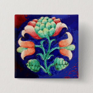STYLIZED PINK FLOWER ,BLUE GREEN FLORAL 15 CM SQUARE BADGE