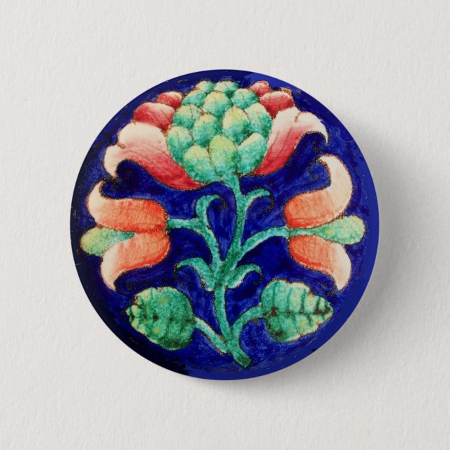 STYLIZED PINK FLOWER ,BLUE GREEN FLORAL 6 CM ROUND BADGE (Front)