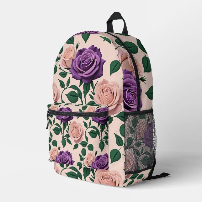 Stylized Purple Roses With Green Accents Printed Backpack (Back Corner Right)