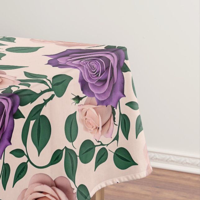 Stylized Purple Roses With Green Accents Tablecloth (In Situ)