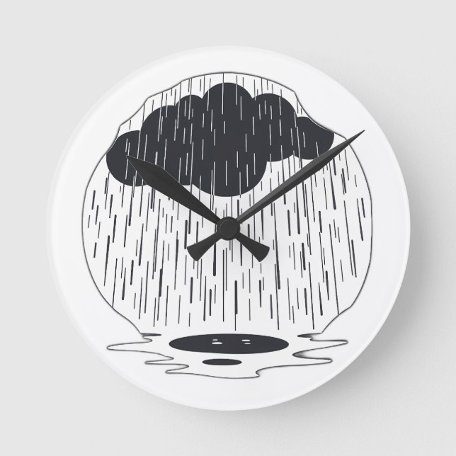 Stylized Rain Cloud with Falling Rain and Puddle Round Clock (Front)