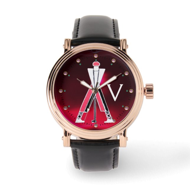 STYLIZED RED BURGUNDY GOLFER,GOLF PLAYER MONOGRAM WATCH (Front)